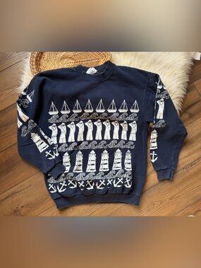 Michigan Rag Co Vintage Nautical Sailboat Waves Sailors Sweatshirt Size Large